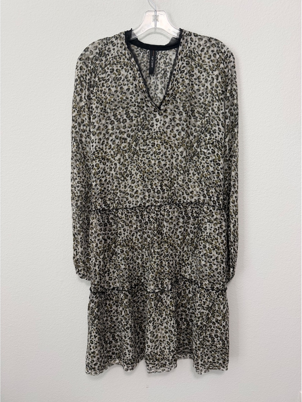 Marc Cain Long Sleeve V-Neck Animal Print Sheer Tiered Mini Dress Women's Size M